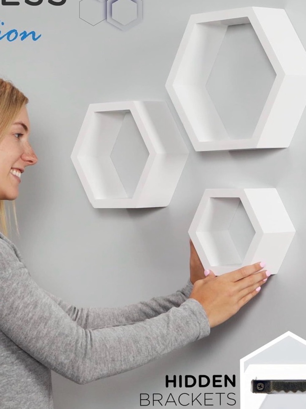White Hexagon Floating Wall Shelves Set - Modern Geometric Display - Never Used